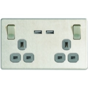 Wickes 13A Switched Socket + USB Charger 2 Gang Brushed Stee