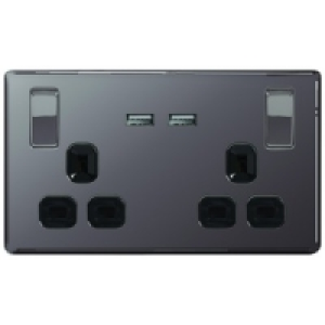 Wickes 13A Switched Socket + USB Charger 2 Gang Black Nickel
