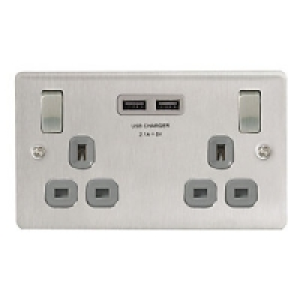Masterplug 13A 2 Gang Socket with Twin USB Brushed Stainless