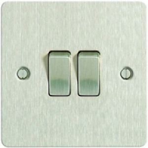 Wickes 10A Light Switch 2 Gang 2 Way Brushed Steel Ultra Fla
