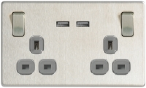 Wickes 13A Switched Socket + USB Charger 2 Gang Brushed Scre