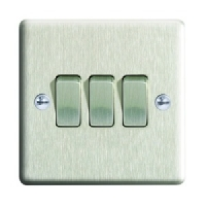 10AX Light Switch 3 Gang 2 Way Brushed Steel Raised Plate