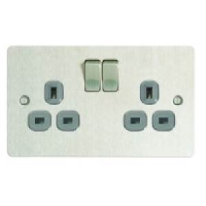 13A Switched Socket 2 Gang Brushed Steel Ultra Flat Plate &pound;12.99