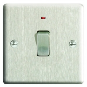 20A Light Switch + LED 1 Gang Brushed Steel Raised Plate