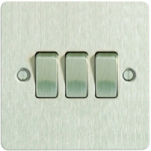 10AX Light Switch 3 Gang 2 Way Brushed Steel Ultra Flat Plat