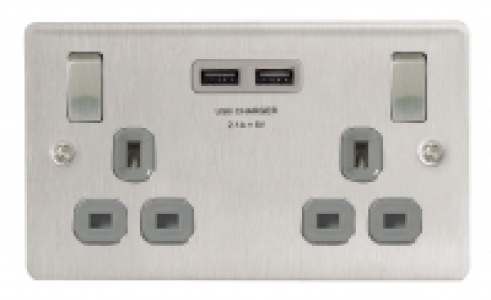 Masterplug 13A 2 Gang Socket with Twin USB Brushed Silver