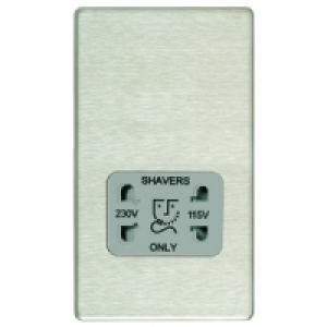 Dual Voltage Shaver Socket 2 Gang Brushed Steel Screwless Fl