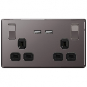Wickes 13A Switched Socket + USB Charger 2 Gang Black Nickel